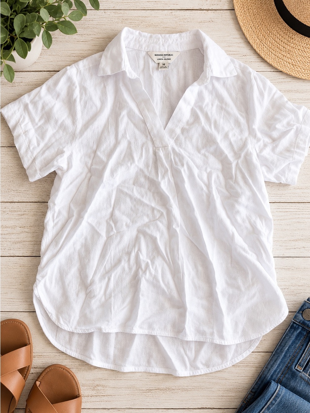 Banana Republic White Linen Blend Shirt | Size Med | NWT Relaxed Coastal